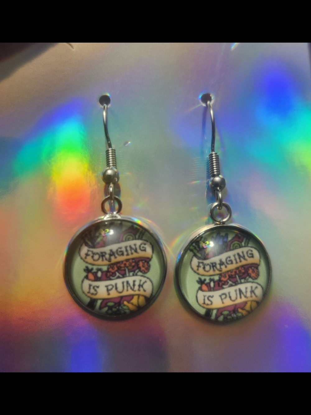 Foraging Is Punk Round Dangle Earrings - Silver Metal